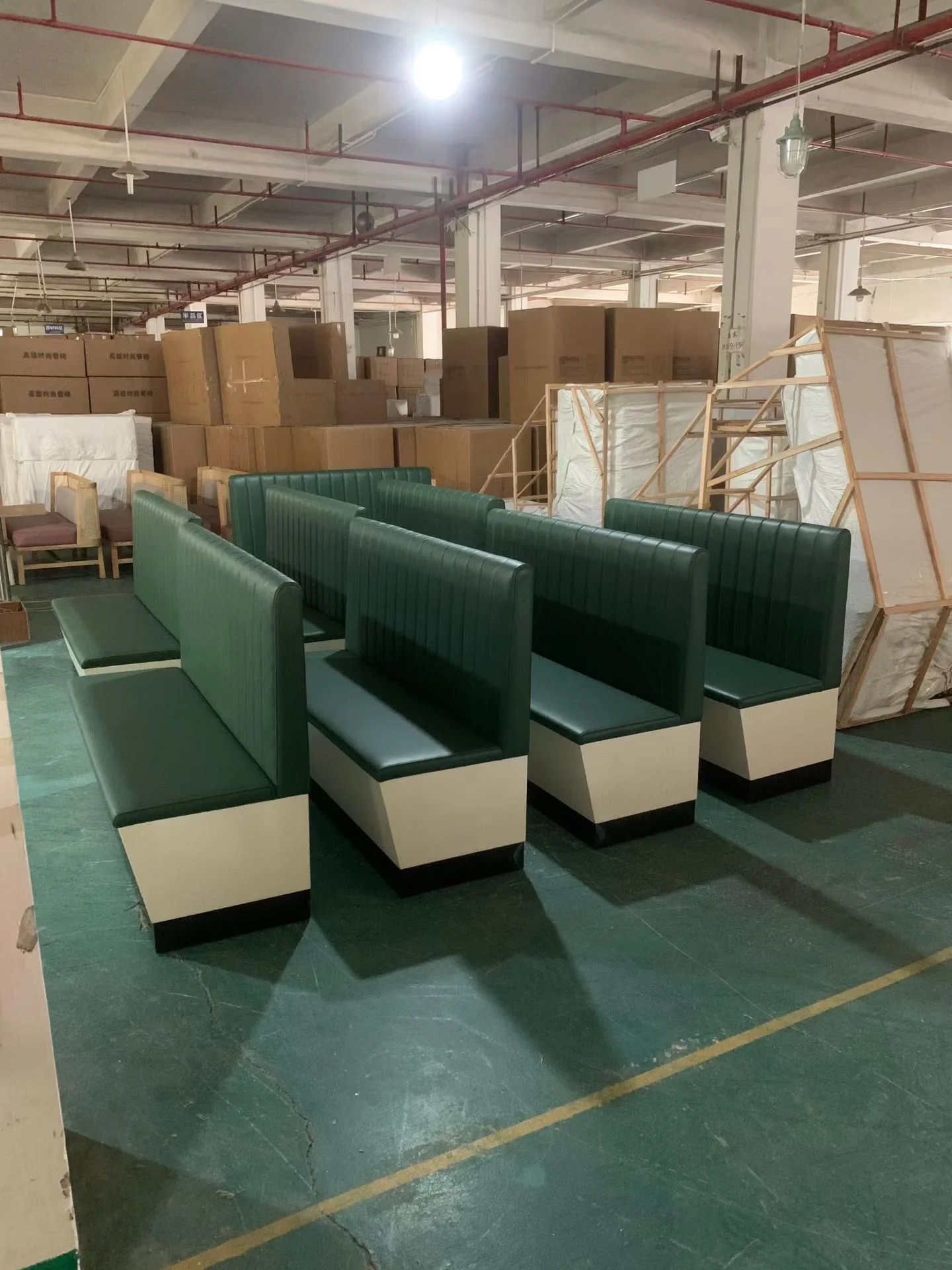 1. Green restaurant booth sections showing cream end panels and bases