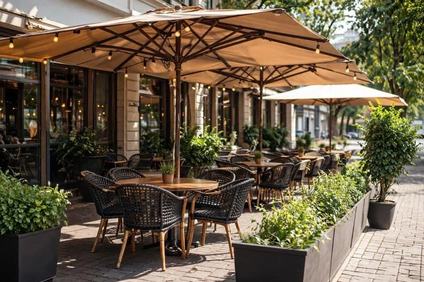 Outdoor dining tables and woven chairs beneath large patio umbrellas