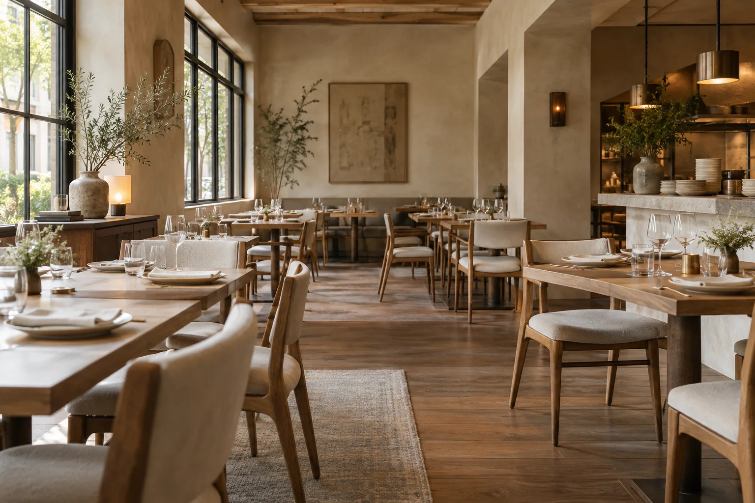 Concept illustration of a restaurant dining room arranged with wooden tables and upholstered chairs before opening.