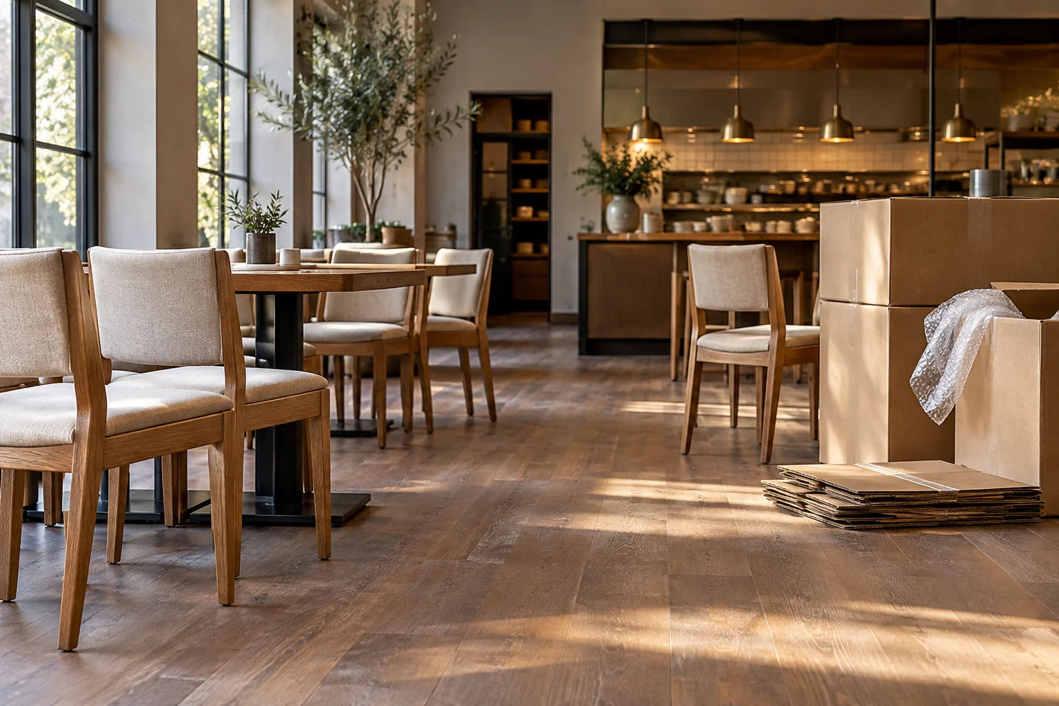Concept illustration of restaurant furniture being unpacked and checked in a dining room before opening.