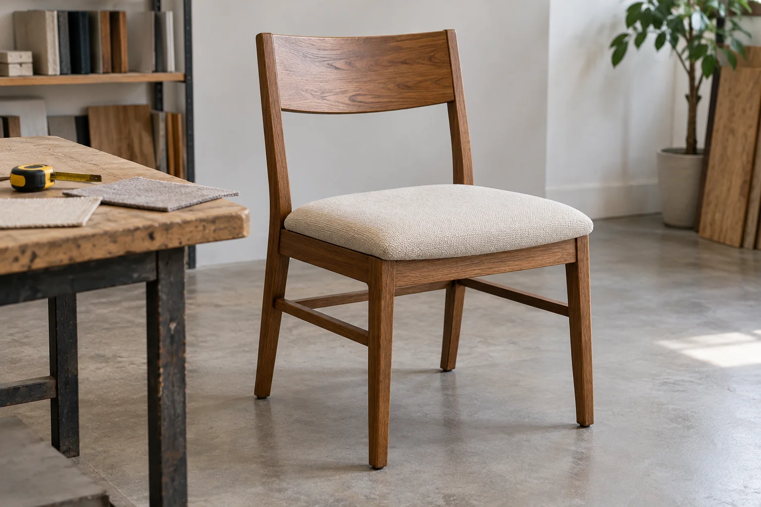 AI-generated concept image of an upholstered restaurant chair beside fabric swatches and a measuring tape.