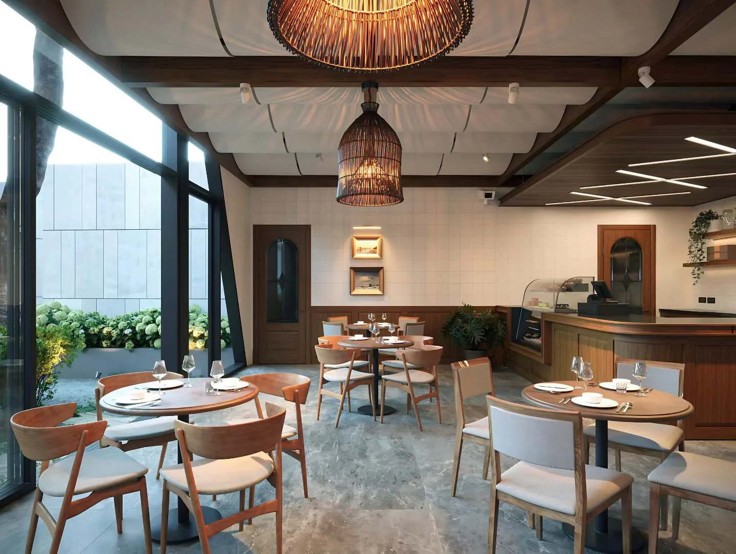 Wooden dining chairs and round tables in a LONGG customer restaurant project