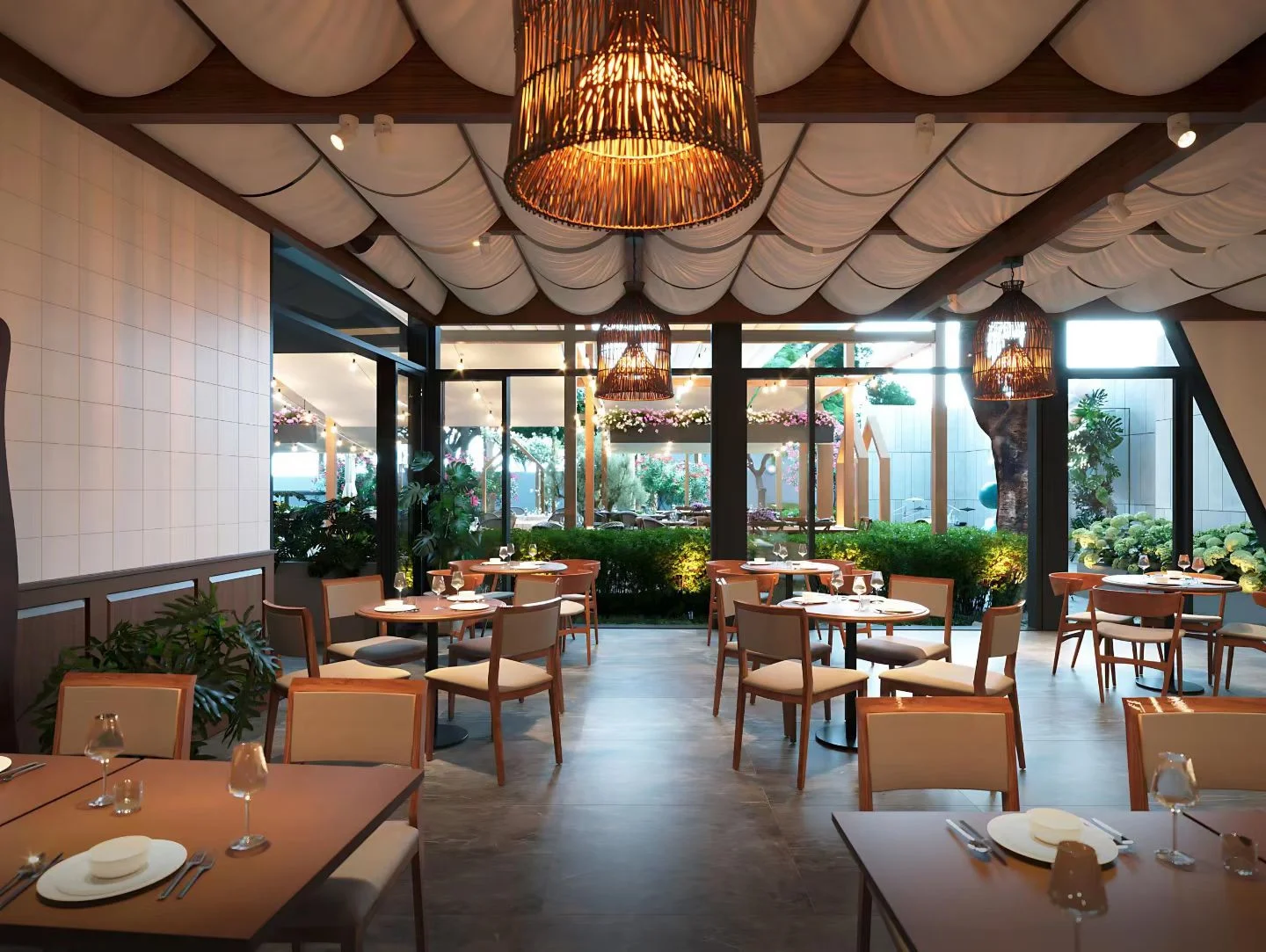 Coordinated wooden dining furniture across a LONGG customer restaurant interior