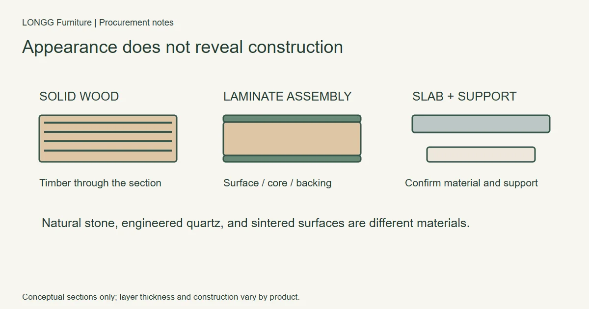 Simplified sections showing solid wood, laminate on a core, and a surface with separate support