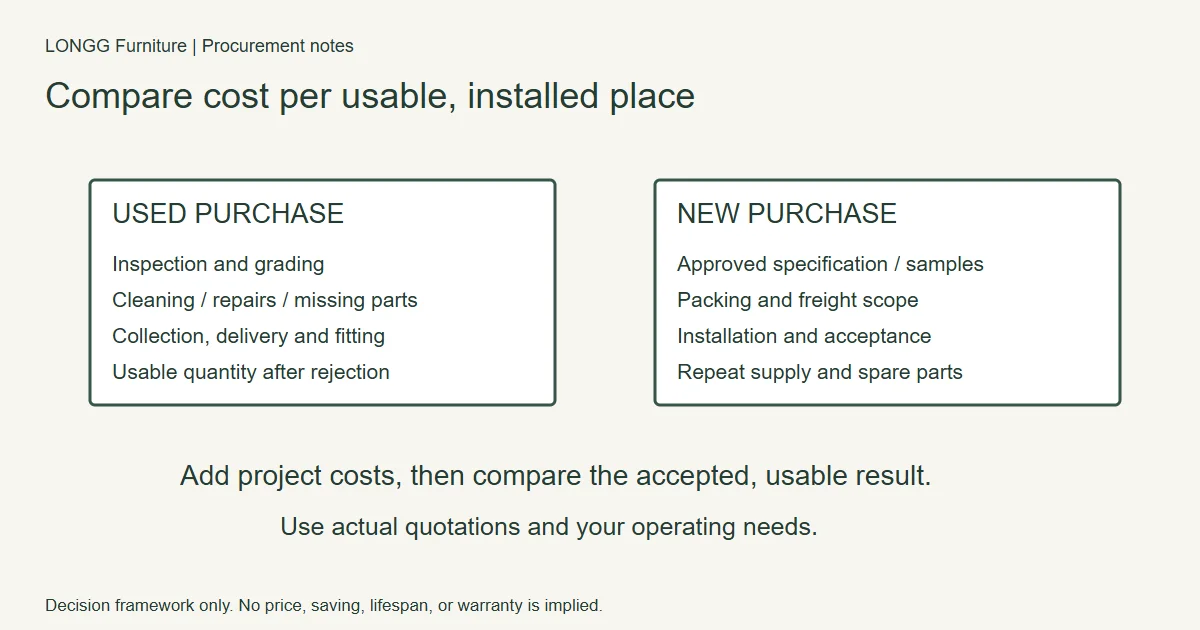 Total-cost worksheet diagram separating purchase, preparation, delivery, setup, and future costs