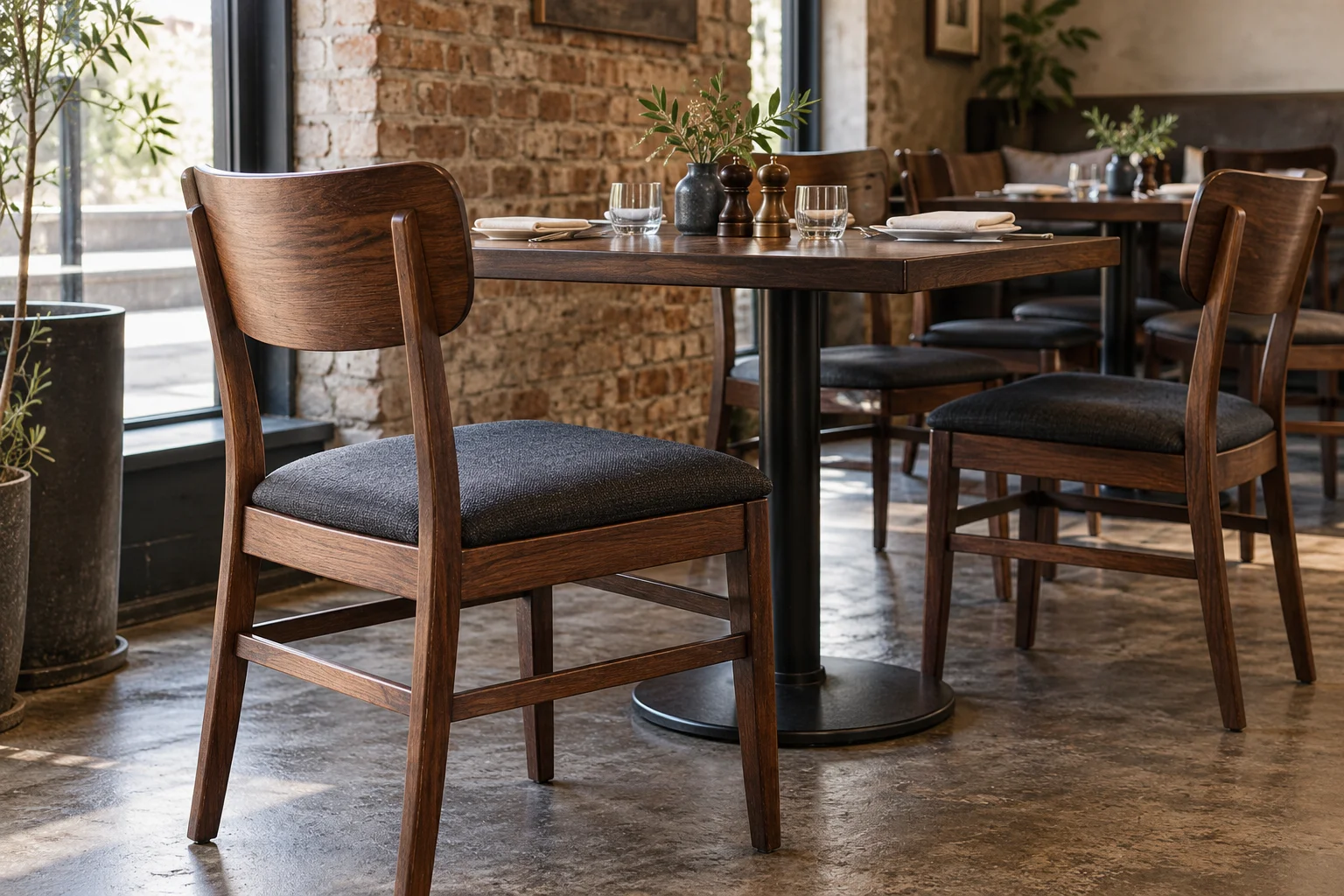 Wooden restaurant chairs arranged around dining tables with clear space between seating areas