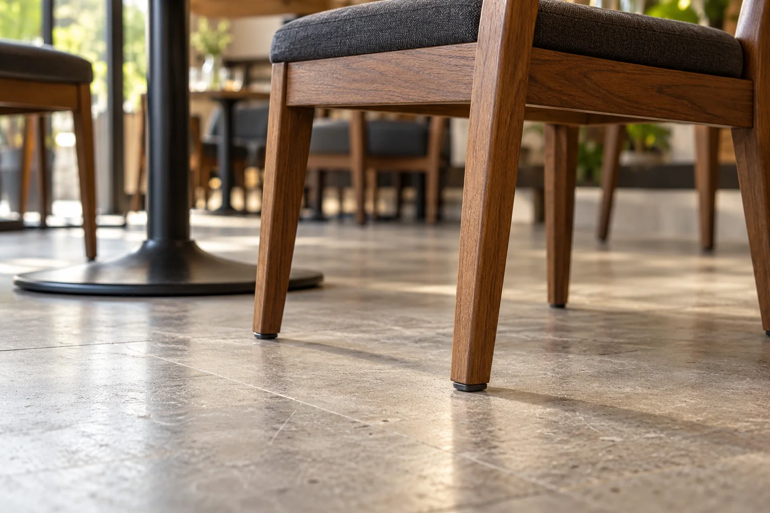 Close view of wooden restaurant chair legs and protective glides resting on the floor