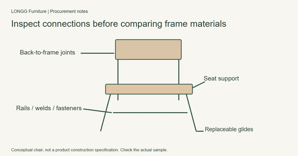 Chair inspection diagram marking back connection, seat support, leg joints, and glides