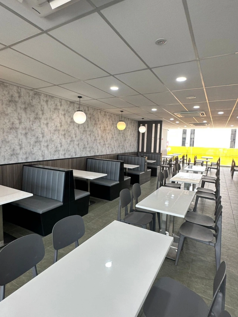 Custom-made tables and chairs for the hamburger shop