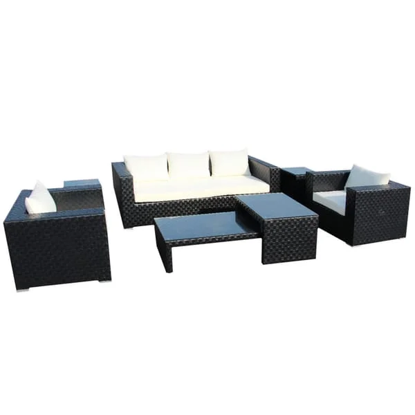 Black Woven Patio Sofa Set with White Cushions