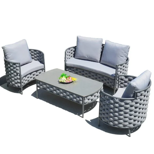 Chunky-Weave Patio Sofa Set with Grey Cushions