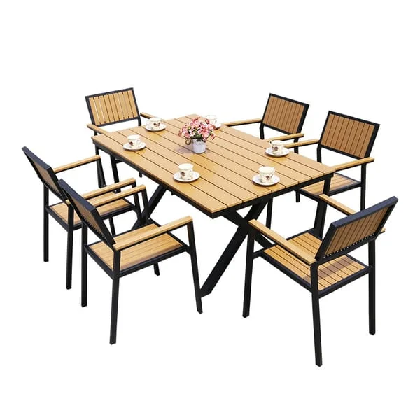 Cross-Leg Outdoor Restaurant Dining Set with Slatted Armchairs