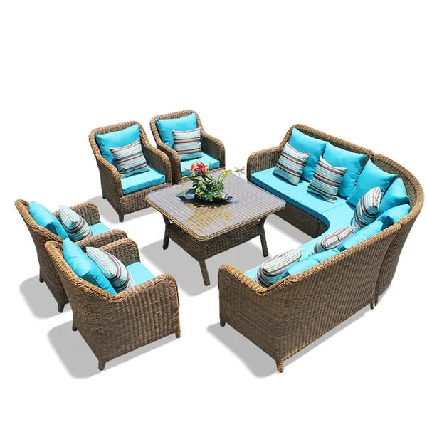 Curved Woven Patio Sofa Set with Turquoise Cushions