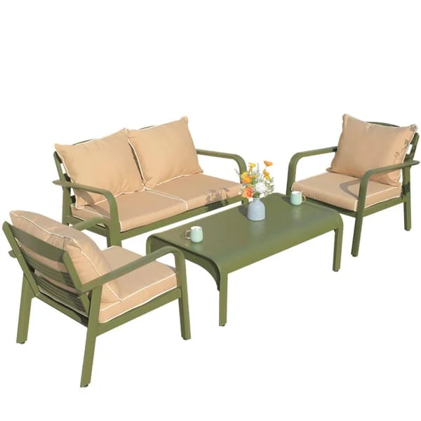 Green-Frame Outdoor Sofa Set with Rectangular Coffee Table