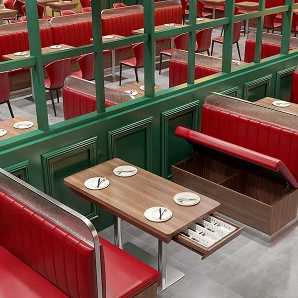 Red Channel-Back Restaurant Booth with Lift-Up Seat