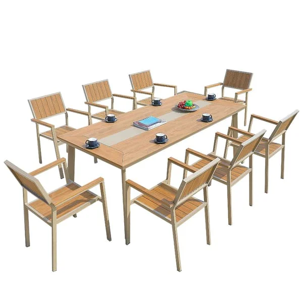 Long Outdoor Restaurant Dining Set with Slatted Armchairs