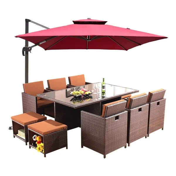 Patio Dining Set with Woven Seats and Cantilever Parasol