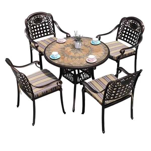 Patterned Round Outdoor Dining Set with Lattice-Back Armchairs