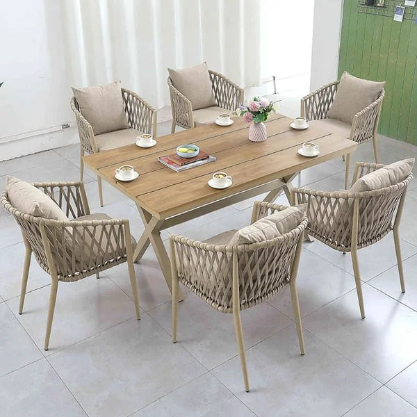 Rectangular Outdoor Dining Set with Basket-Weave Armchairs