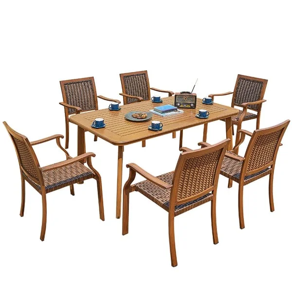 Rectangular Outdoor Restaurant Dining Set with Slat-Back Armchairs