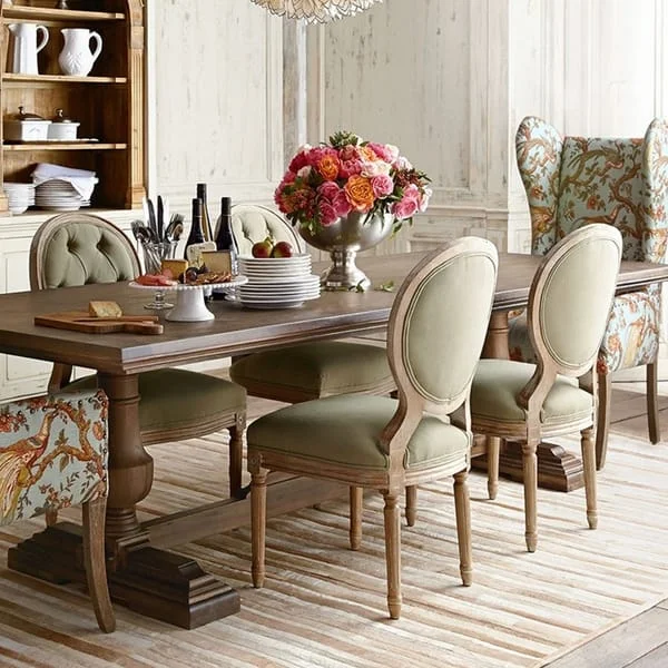 Rectangular Pedestal Table with Oval-Back Dining Chairs
