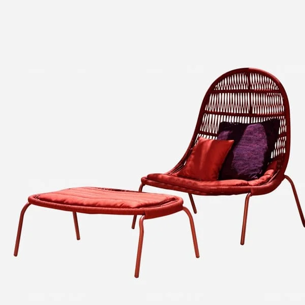 Red Woven Patio Lounge Chair with Footstool