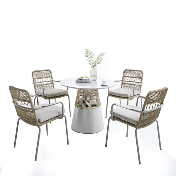 Round Outdoor Dining Set with Open-Weave Armchairs