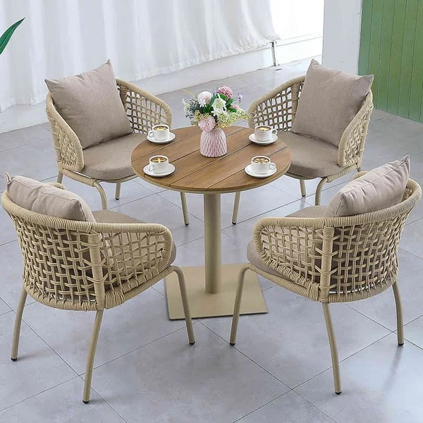 Round Outdoor Table and Basket-Weave Chair Set