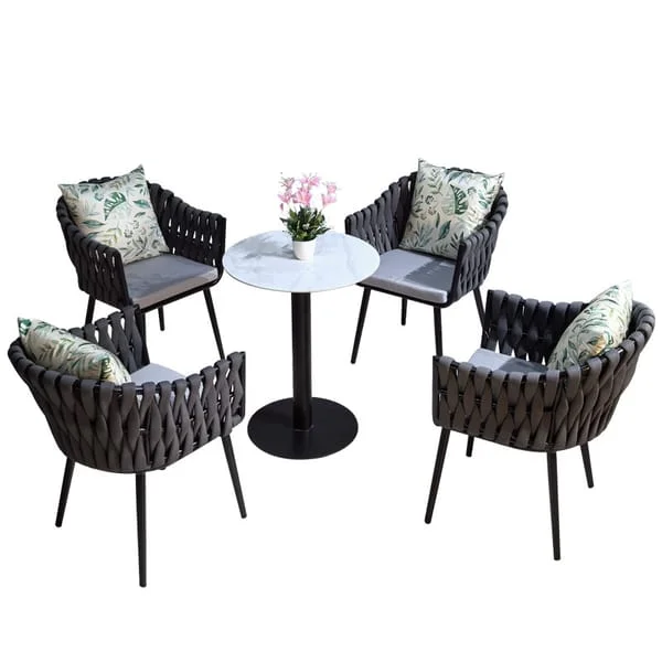 Round Pedestal Patio Dining Set with Loop-Weave Armchairs