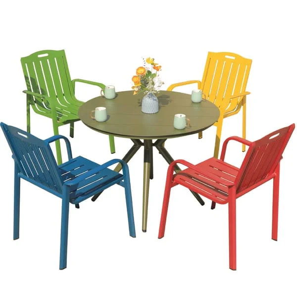 Round Slatted Outdoor Dining Set with Colorful Armchairs