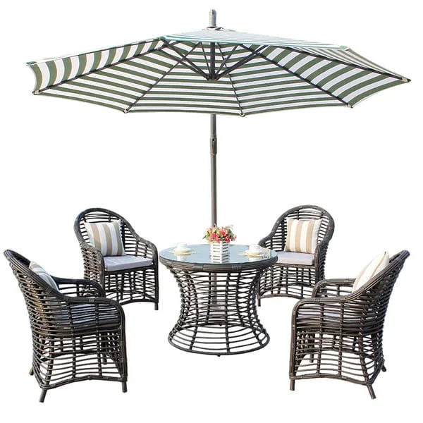 Round Woven Patio Dining Set with Striped Parasol