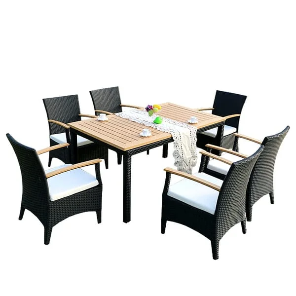 Slatted Outdoor Restaurant Dining Set with Cushioned Chairs
