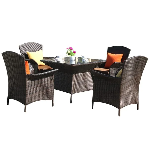 Square Pedestal Outdoor Dining Set with Cushioned Woven Armchairs