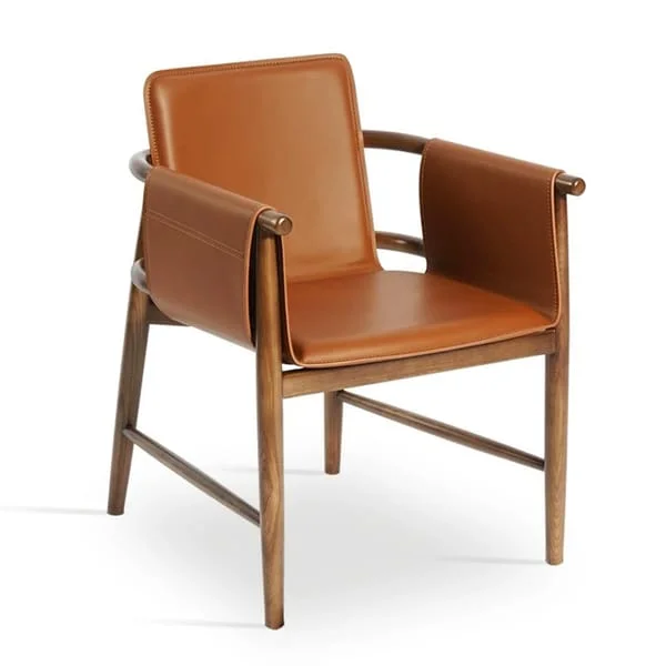 Tan Panel-Arm Dining Chair with Exposed Frame