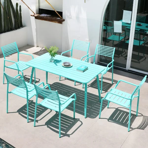 Turquoise Slatted Outdoor Table and Armchair Set
