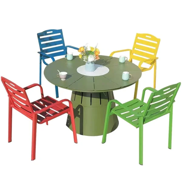 Round Pedestal Outdoor Table and Slatted Chair Set
