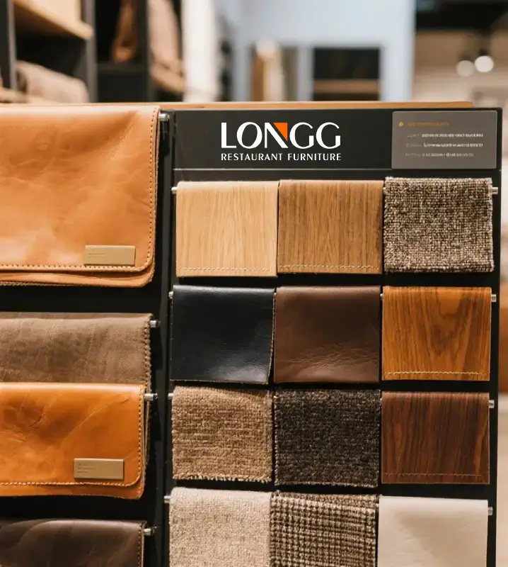 Wood finishes, leather and fabric swatches for custom hospitality furniture